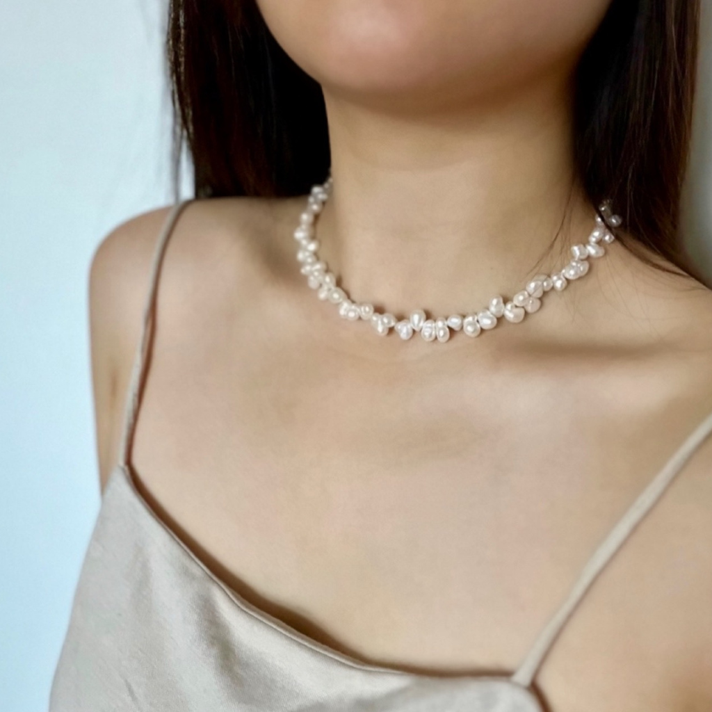 Myeong-Ok Irregular Freshwater Pearl Necklace on model's neck- KORYANGS Brand