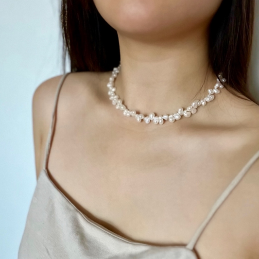 Myeong-Ok Irregular Freshwater Pearl Necklace on model's neck- KORYANGS Brand