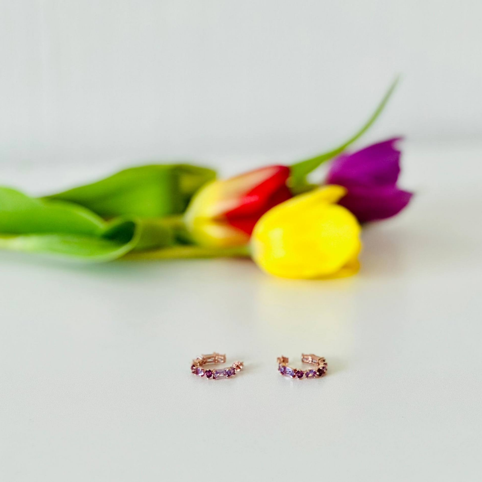 Wang-bi 18k Rose Gold Vermeil Earrings on white background with flowers- KORYANGS Brand
