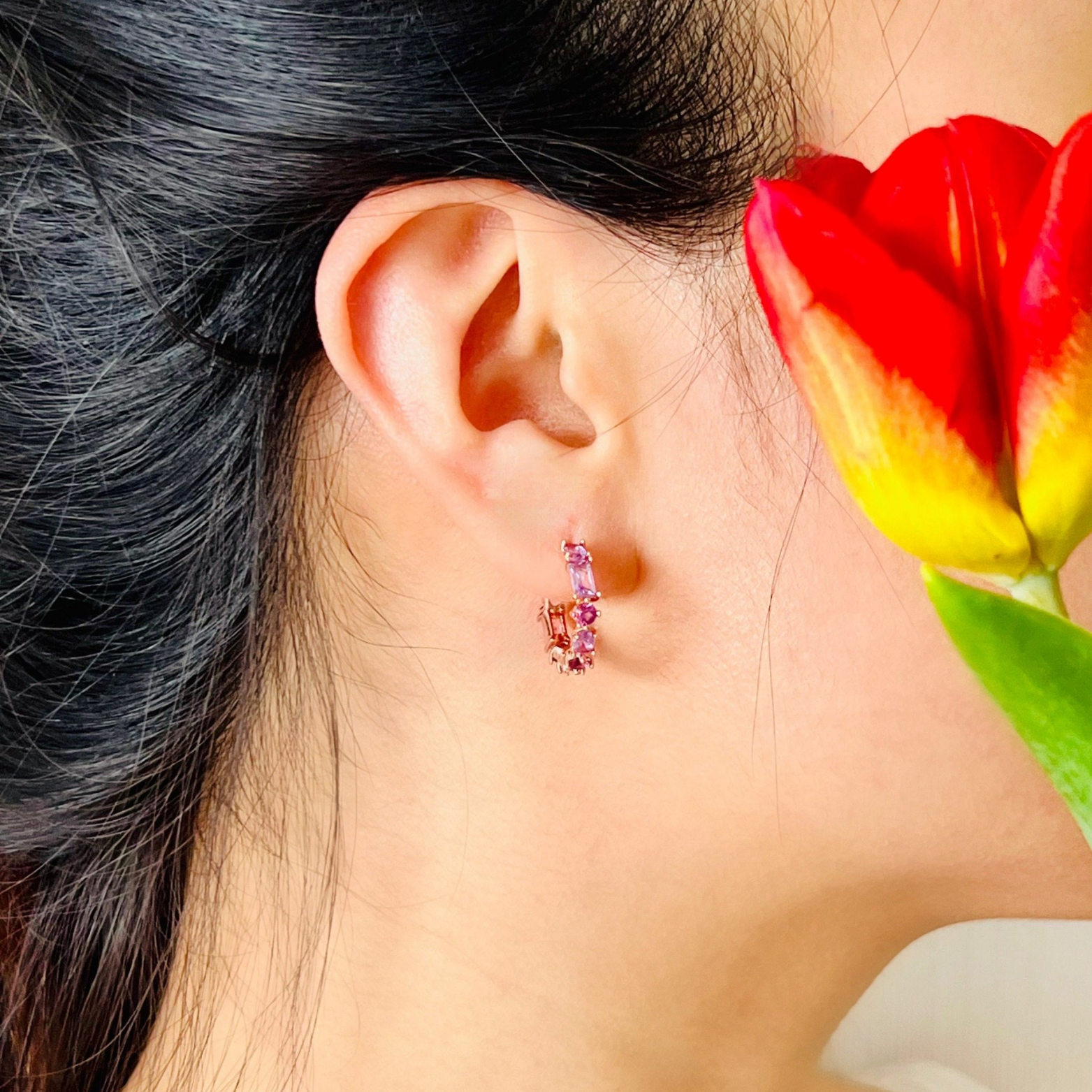 Wang-bi 18k Rose Gold Vermeil Earrings on models ear- KORYANGS Brand