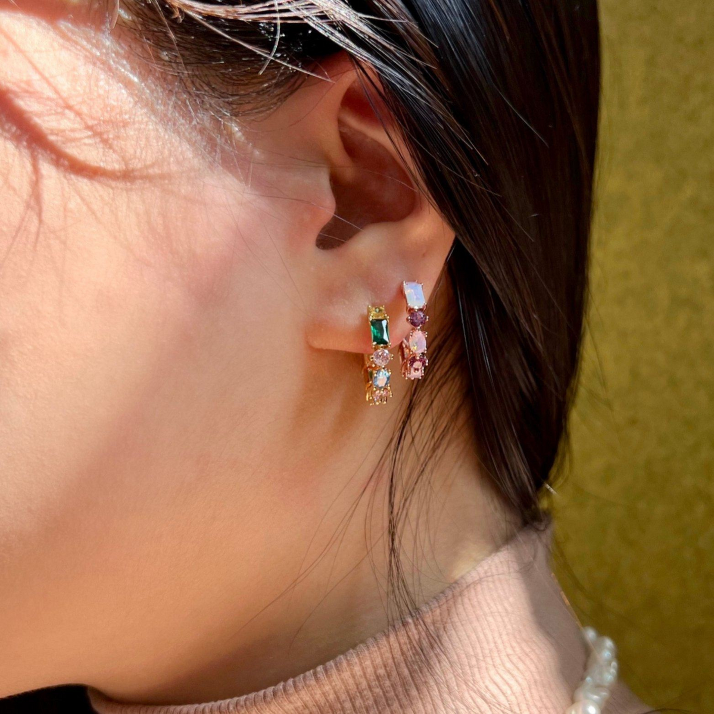 Gong-ju 18k Rose Gold Vermeil Sterling Silver Earrings on models ears - KORYANGS Brand